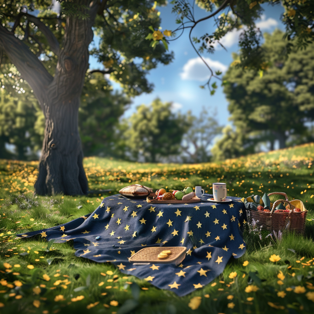 Eine blaue Picknickdecke in einem Park mit gelben Sternen drauf, Essen und Getränke stehen darauf